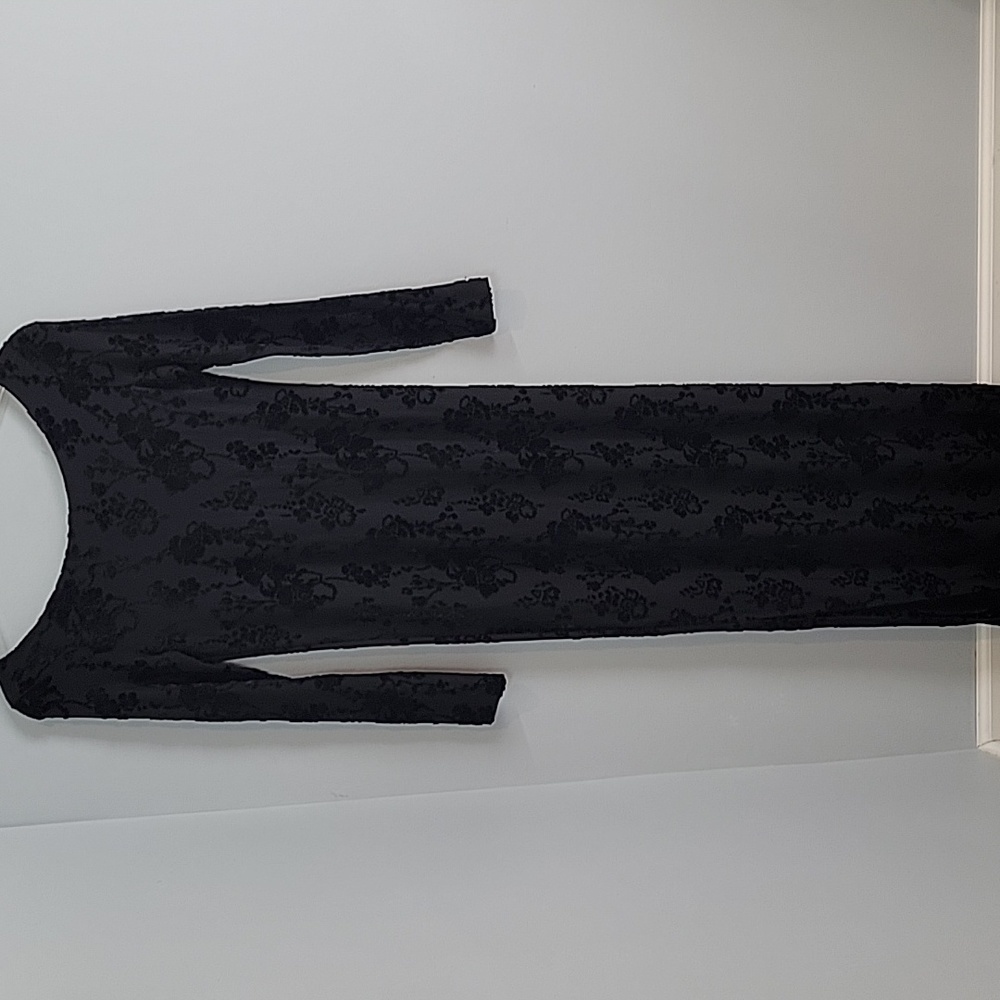 NICOLE FARHI Black long sleeve velvet burnout floral Whimsigoth  maxi dress